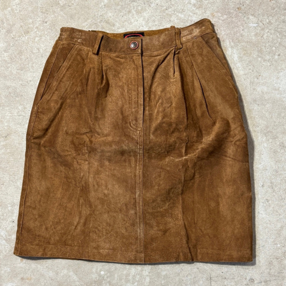 Vintage Margaret Godfrey Brown Suede Leather Skirt Women’s Size 12 Zipper Pocket